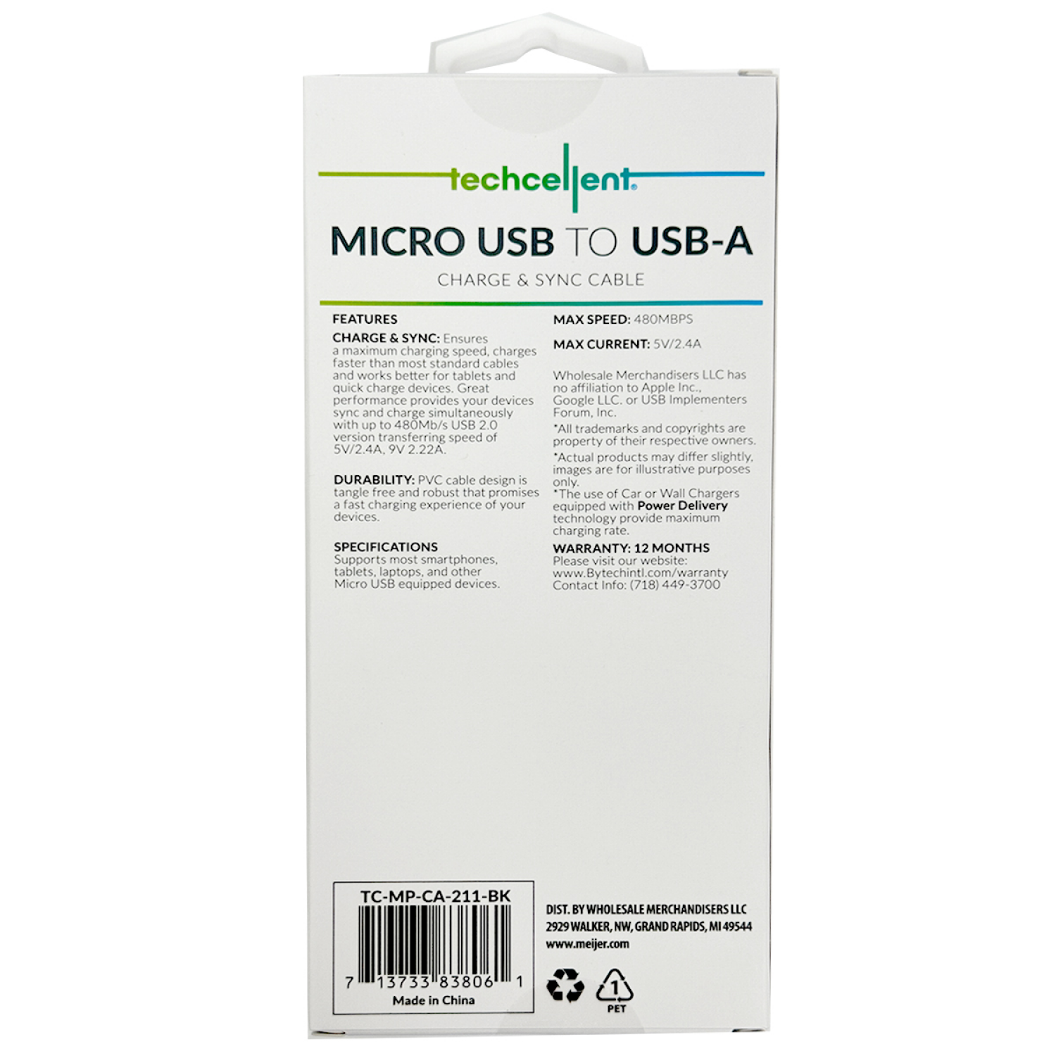 slide 2 of 5, Techcellent USB-A To Micro Charge & Sync PVC Cable , 4FT, Black, 4 ft