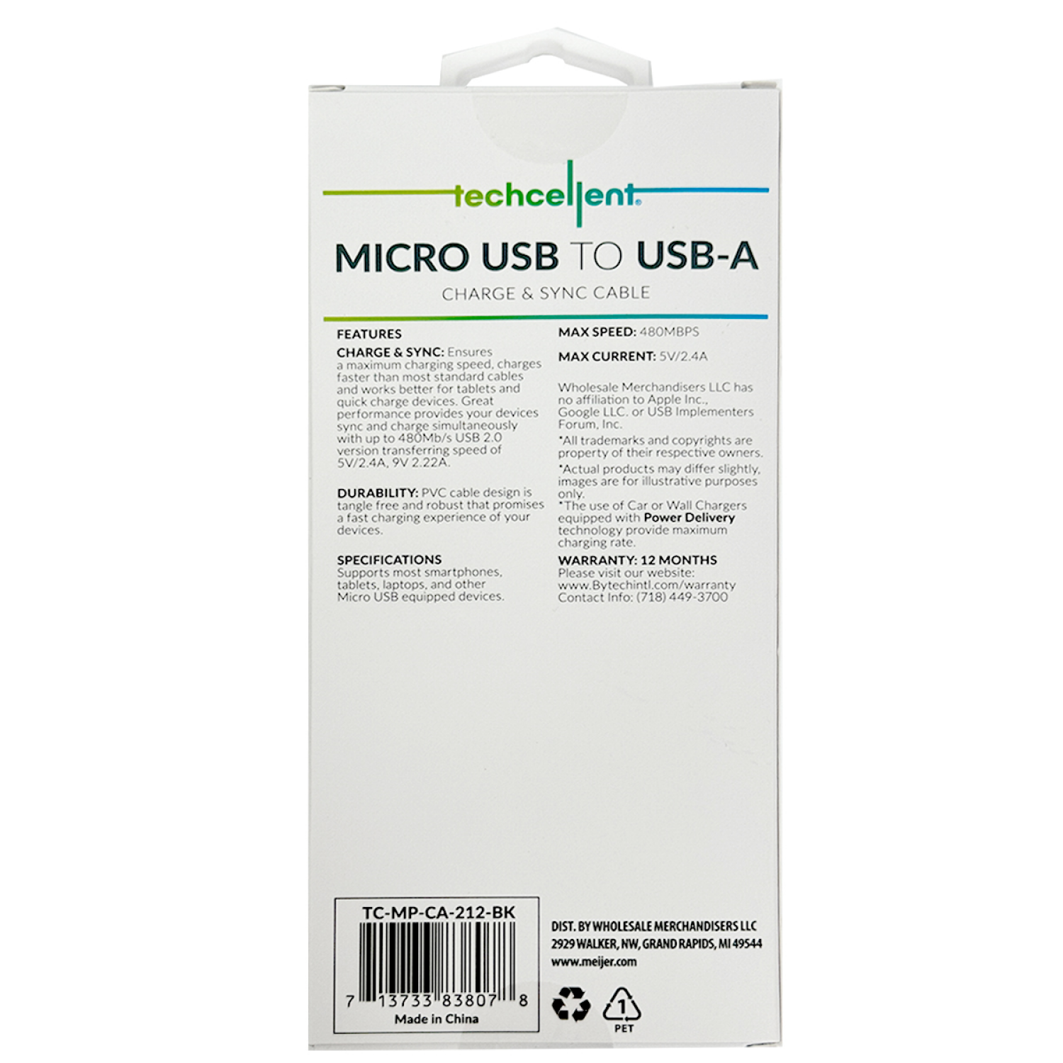 slide 2 of 5, Techcellent USB-A To Micro Charge & Sync PVC Cable , 6FT, Black, 6 ft