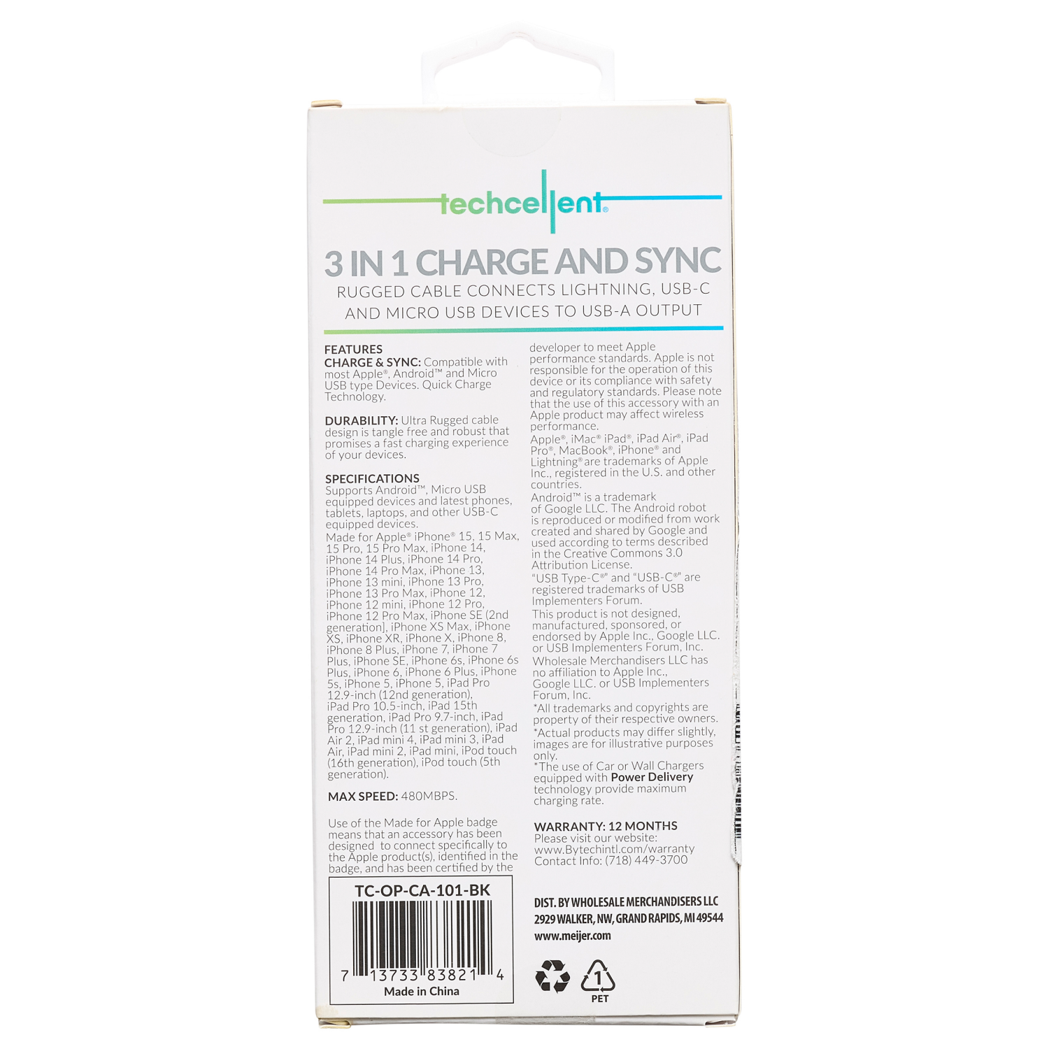 slide 2 of 5, Techcellent 4ft 3in1 charge and sync Lightning, Micro, and Type-C Cable. Compatible with most Apple, Android and Type-C devices. Sync, USB Charging, Quick charge technology, PVC, Black, 4 ft