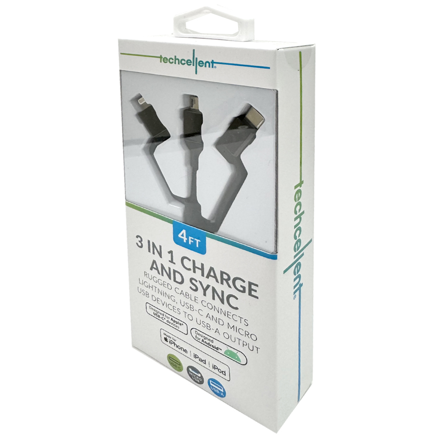 slide 4 of 5, Techcellent 4ft 3in1 charge and sync Lightning, Micro, and Type-C Cable. Compatible with most Apple, Android and Type-C devices. Sync, USB Charging, Quick charge technology, PVC, Black, 4 ft