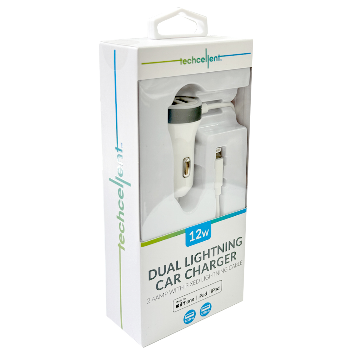 slide 2 of 4, Techcellent 12W Fixed Lightning cable Car charger, white, 1 ct