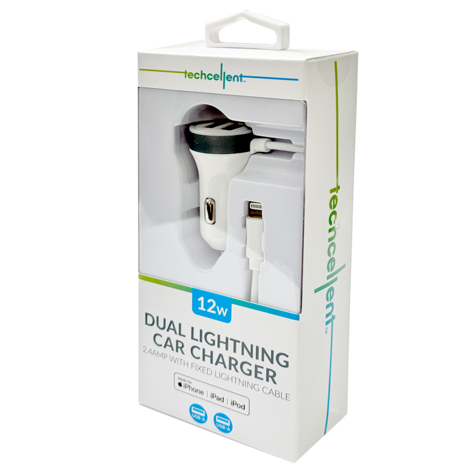 slide 3 of 4, Techcellent 12W Fixed Lightning cable Car charger, white, 1 ct