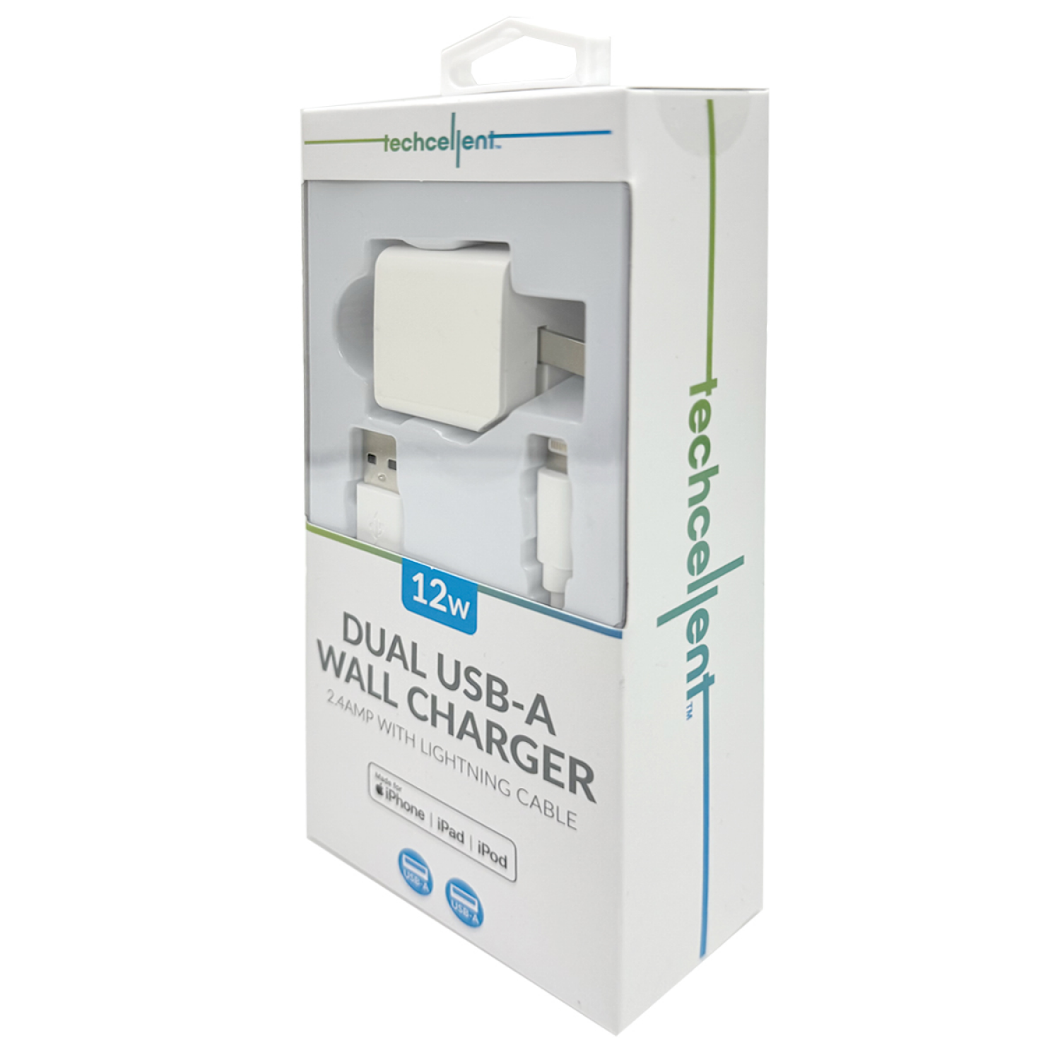 slide 3 of 4, Techcellent 12W Fixed Lightning cable Wall charger, white, 1 ct