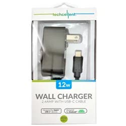 Techcellent 12W Fixed Type-C Cable wall charger, Black