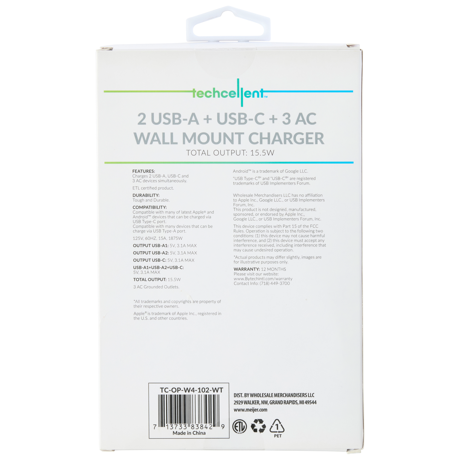 slide 2 of 6, Techcellent Universal wall mount charger, 4USB & 3AC, white, 1 ct