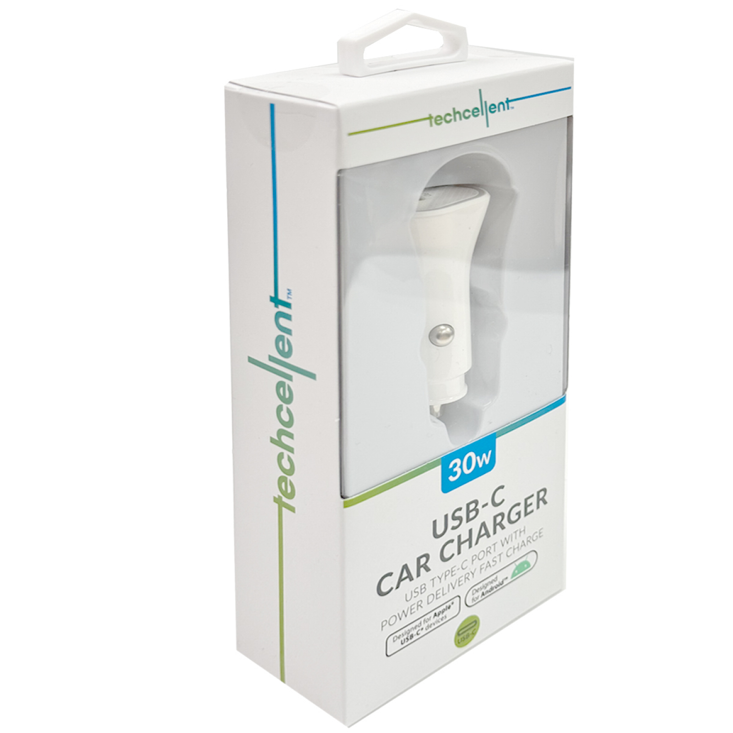 slide 3 of 5, Techcellent 30W 1 Type-C Port Power delivery, quick charge Car charger, white, 1 ct