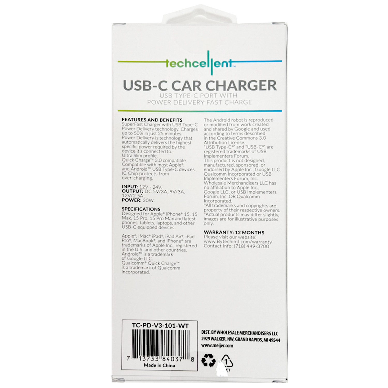 slide 2 of 5, Techcellent 30W 1 Type-C Port Power delivery, quick charge Car charger, white, 1 ct