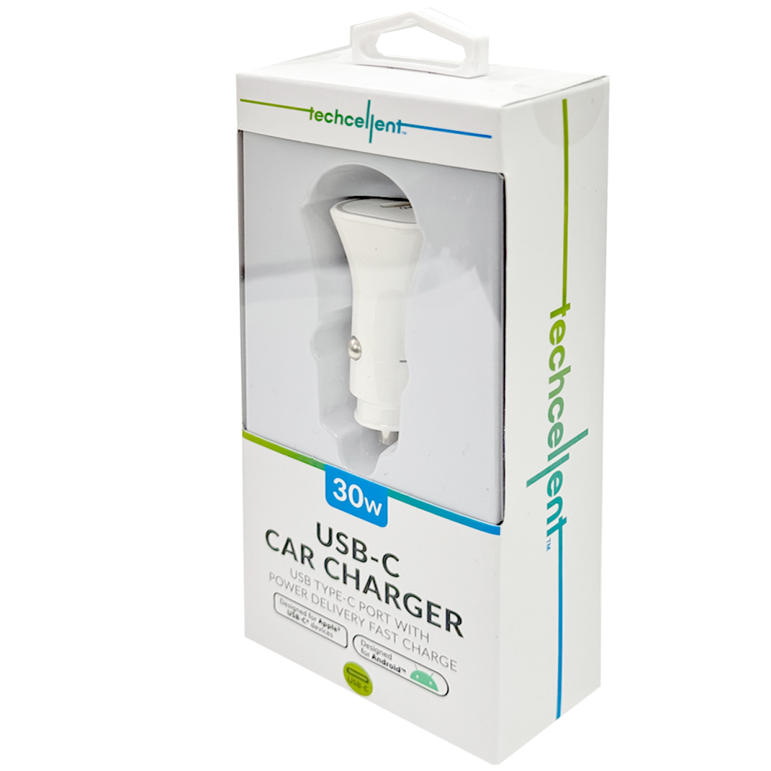 slide 4 of 5, Techcellent 30W 1 Type-C Port Power delivery, quick charge Car charger, white, 1 ct