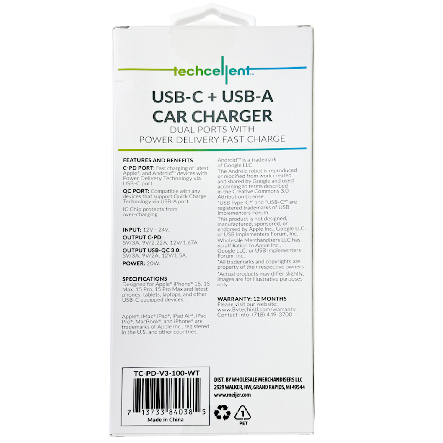 slide 2 of 5, Techcellent 20W 1 Type-C & 1 USB-A Port Power delivery, quick charge Car charger, white, 1 ct