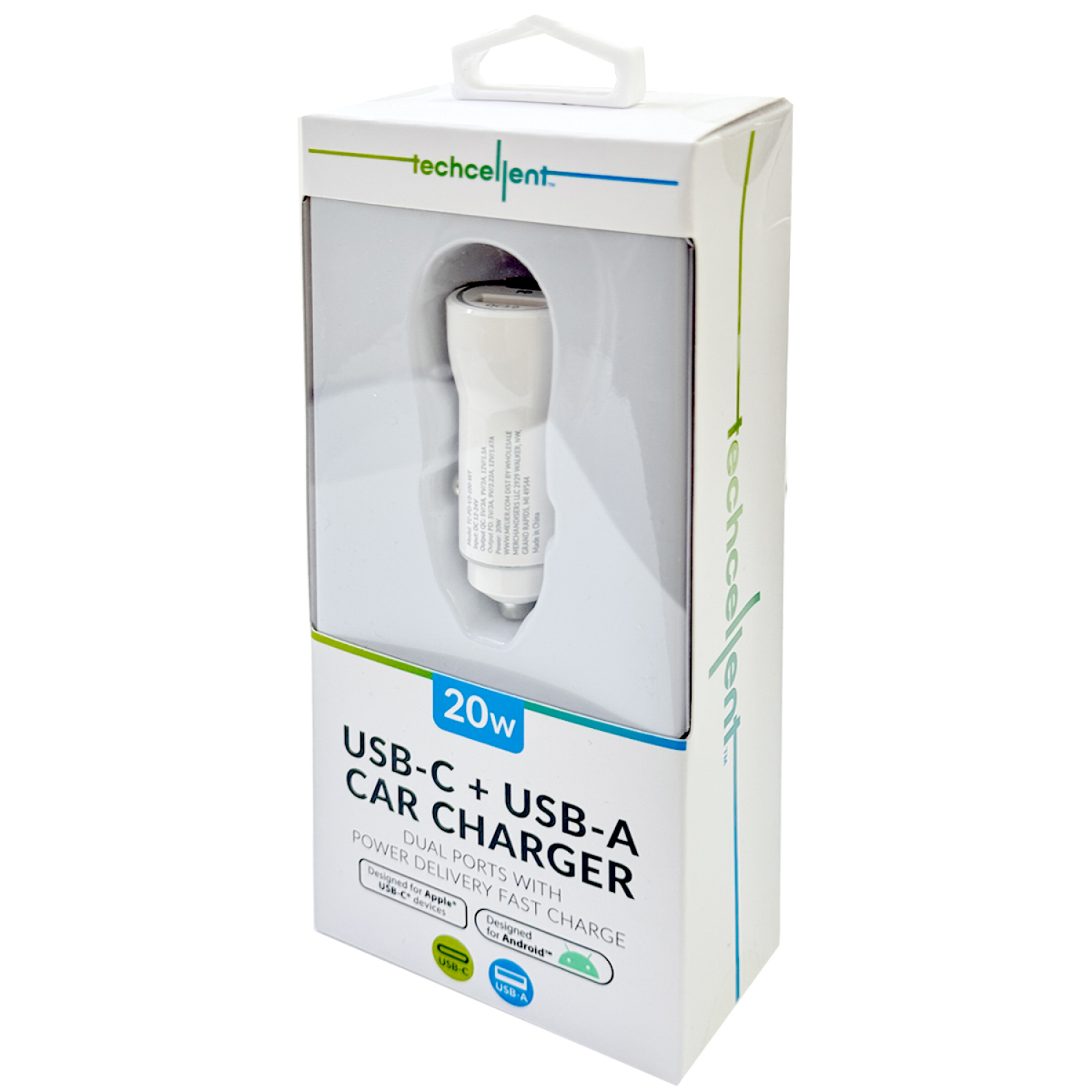 slide 4 of 5, Techcellent 20W 1 Type-C & 1 USB-A Port Power delivery, quick charge Car charger, white, 1 ct