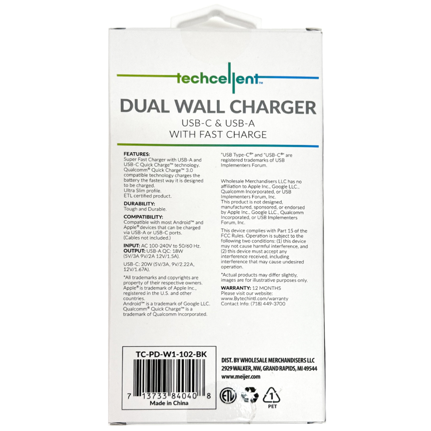 slide 2 of 6, Techcellent USB-A and USB C PD Wall Charger, 20W Black, 1 ct