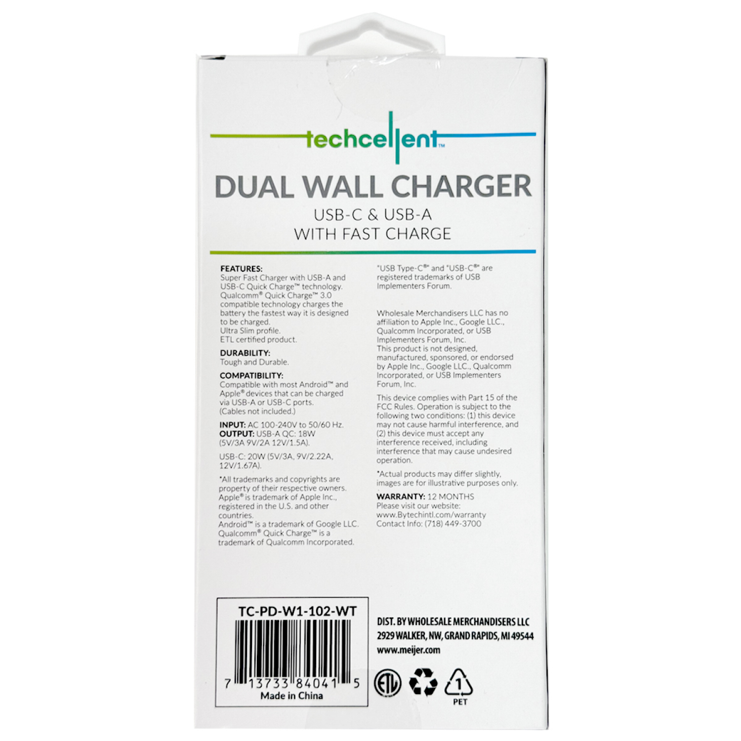 slide 2 of 4, Techcellent USB-A and USB C PD Wall Charger, 20W White, 1 ct