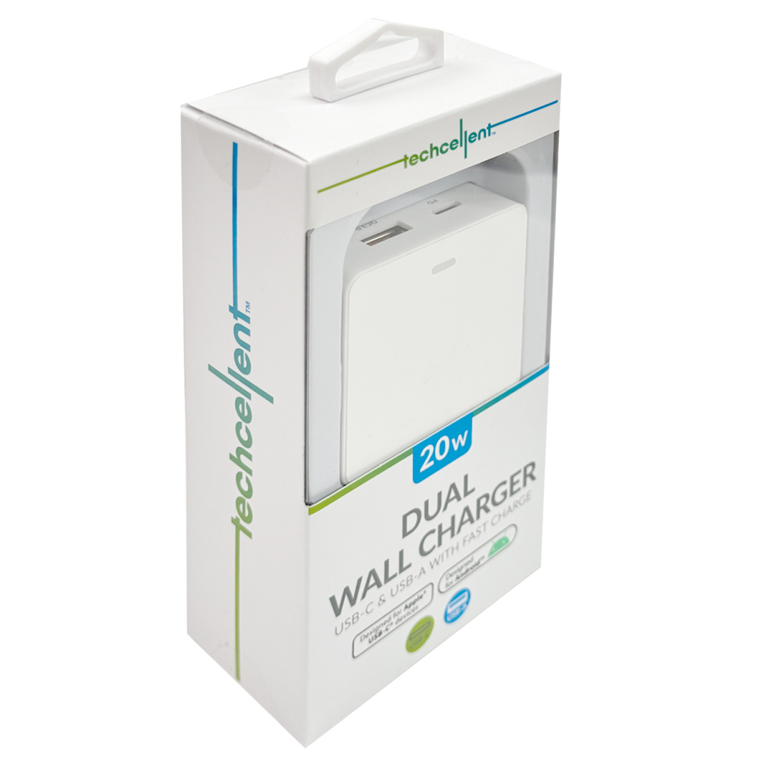 slide 3 of 4, Techcellent USB-A and USB C PD Wall Charger, 20W White, 1 ct