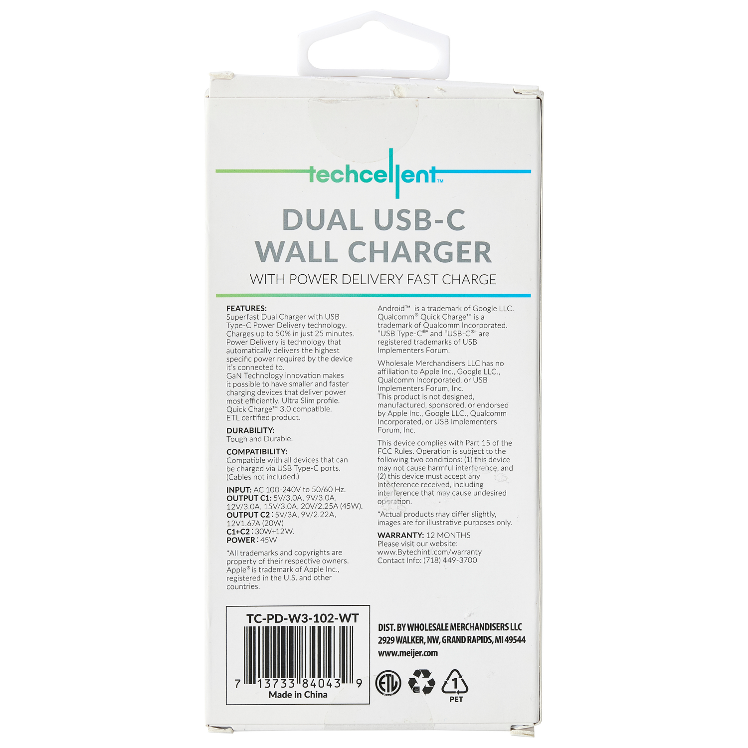 slide 2 of 6, Techcellent 2 USB C PD Wall Charger, 45W White, 1 ct
