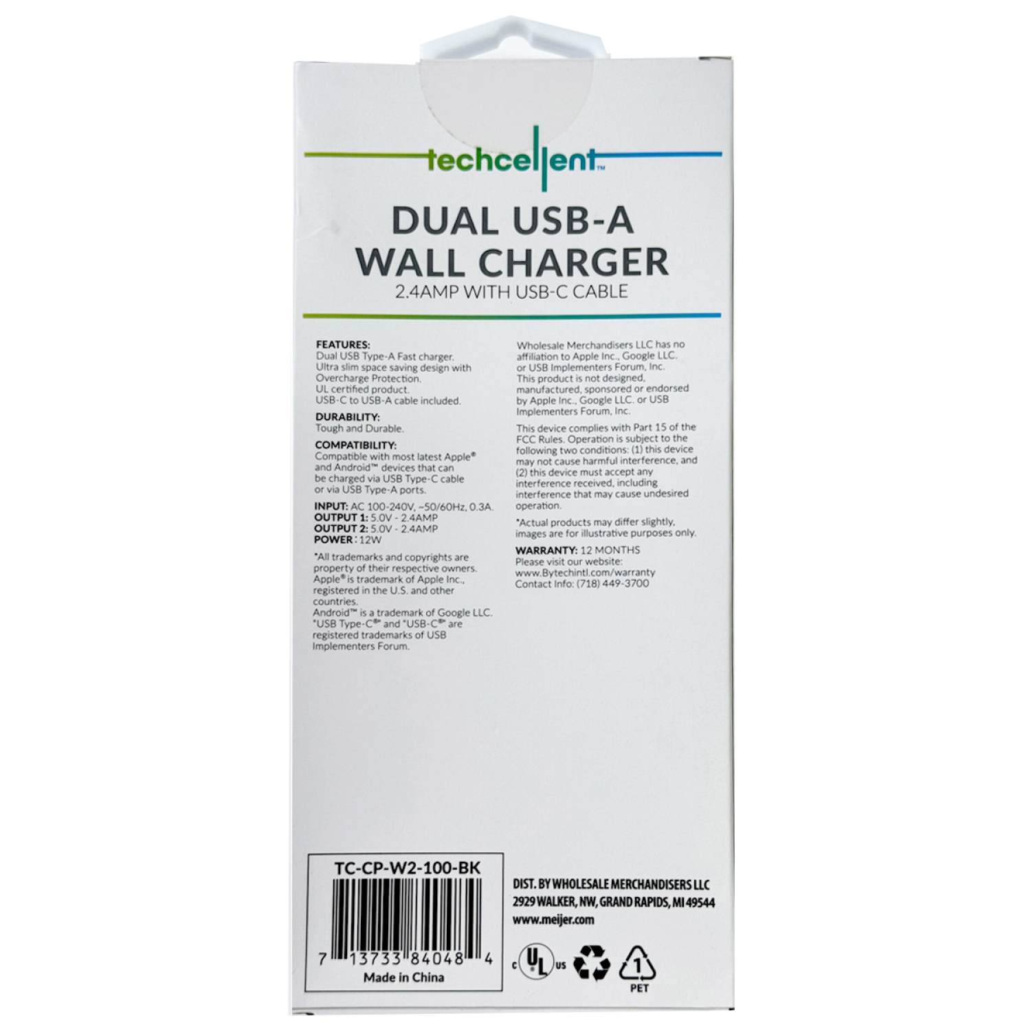 slide 2 of 5, Techcellent 2.4Amp Wall charge with Lightning cable, White, 1 ct