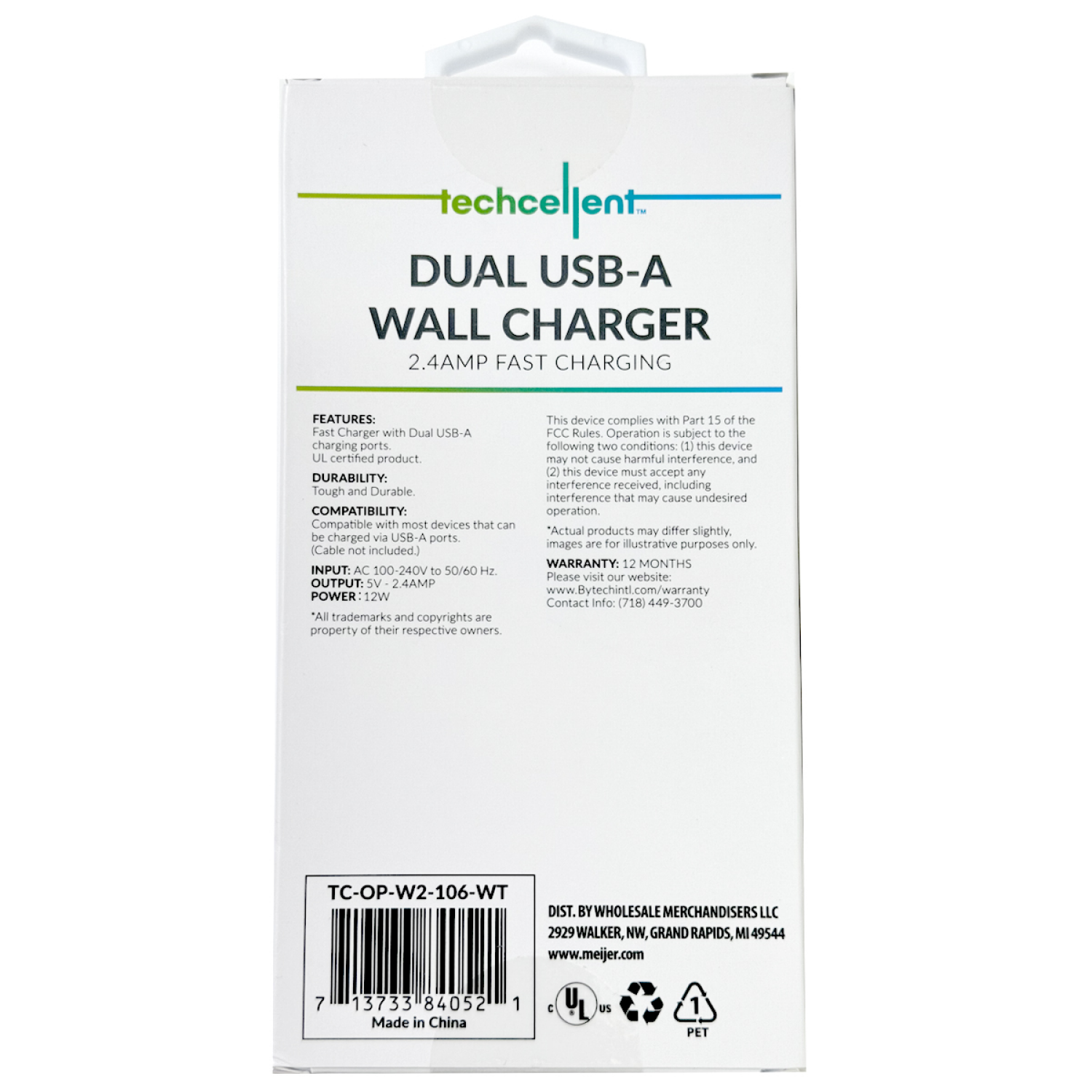 slide 2 of 5, Techcellent 2.4Amp dual usb wall charger, white, 1 ct