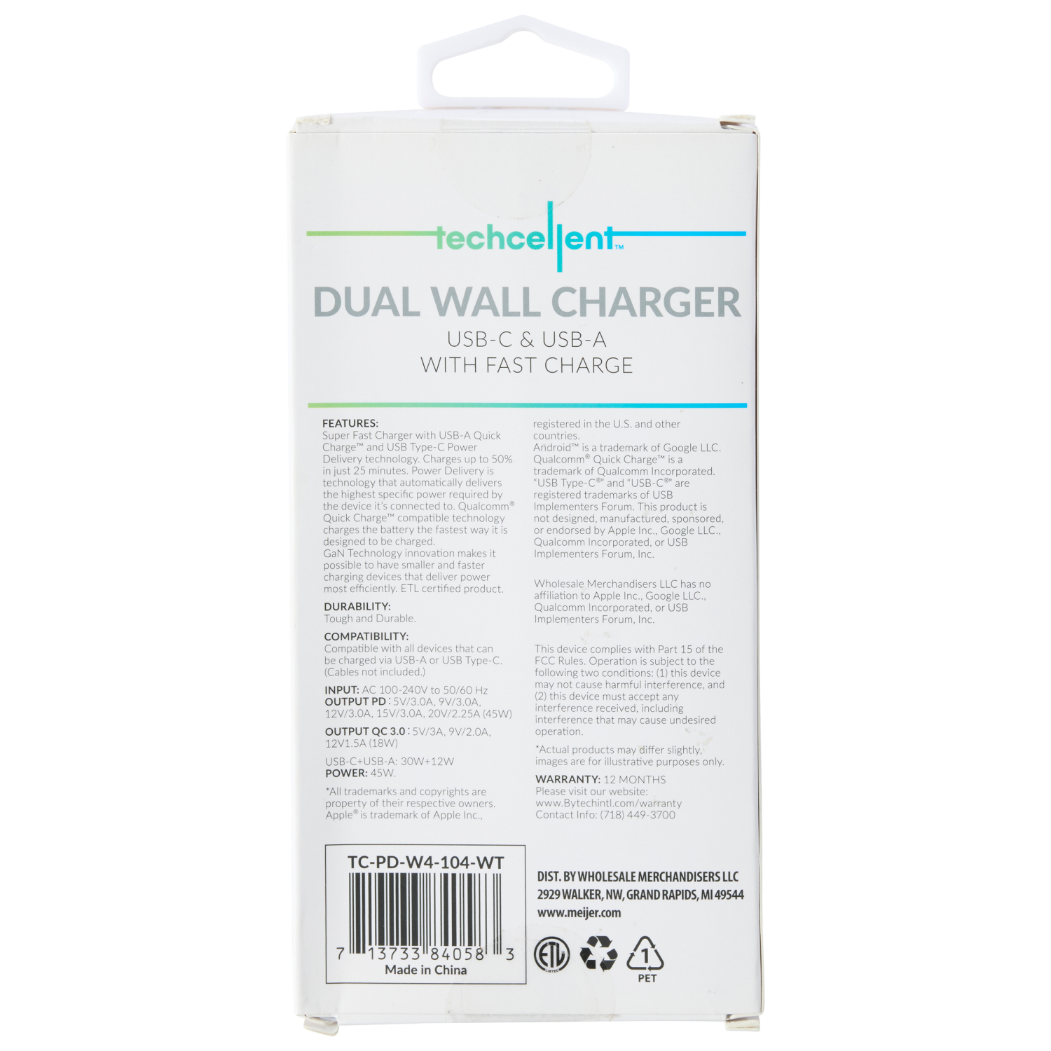 slide 2 of 6, Techcellent 45W 1 Type-C, 1 USB-A Port Power delivery, quick charge wall charger, white, 1 ct