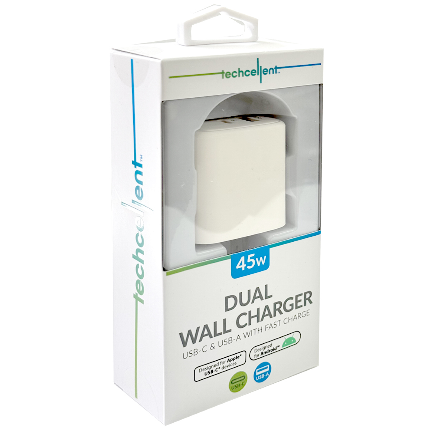 slide 4 of 6, Techcellent 45W 1 Type-C, 1 USB-A Port Power delivery, quick charge wall charger, white, 1 ct