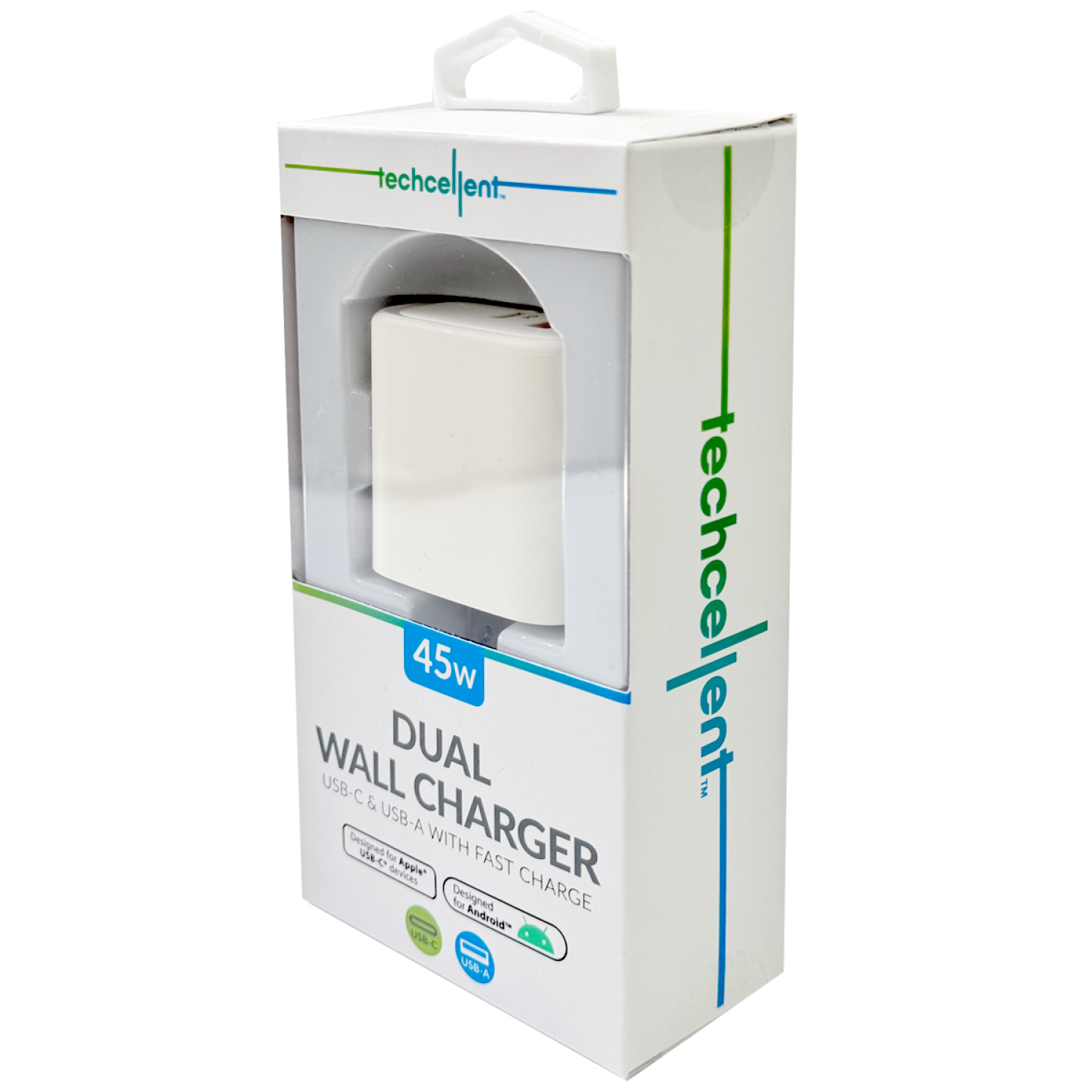 slide 5 of 6, Techcellent 45W 1 Type-C, 1 USB-A Port Power delivery, quick charge wall charger, white, 1 ct