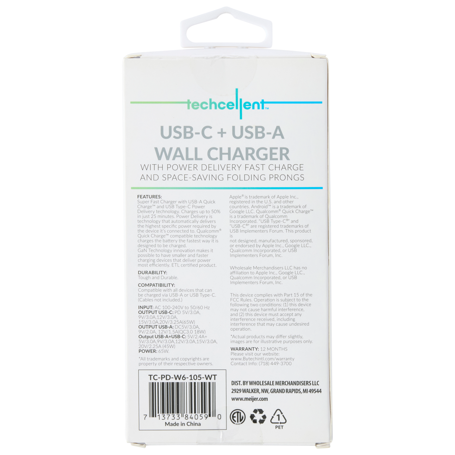 slide 2 of 6, Techcellent 65W 1 Type-C, 1 USB-A Port Power delivery, quick charge wall charger, white, 1 ct