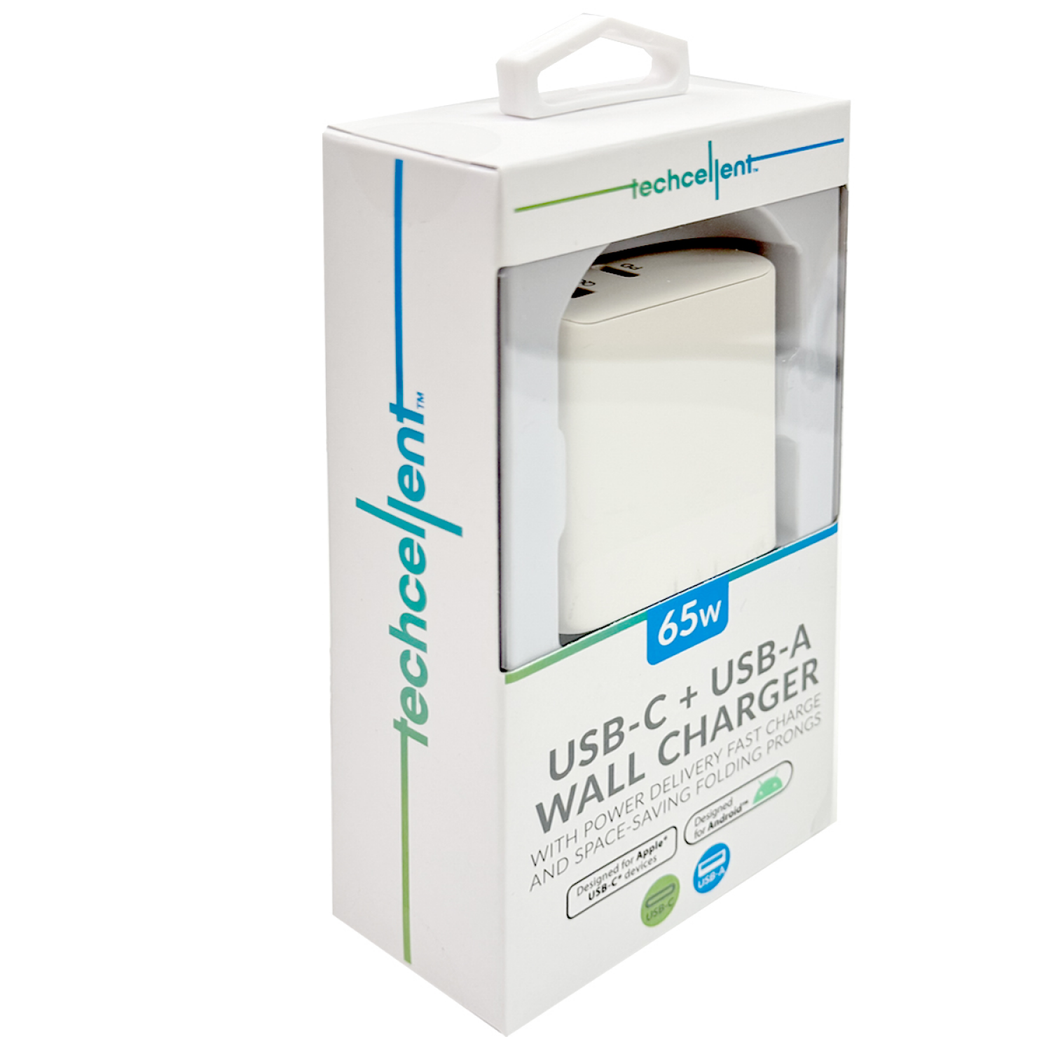 slide 4 of 6, Techcellent 65W 1 Type-C, 1 USB-A Port Power delivery, quick charge wall charger, white, 1 ct