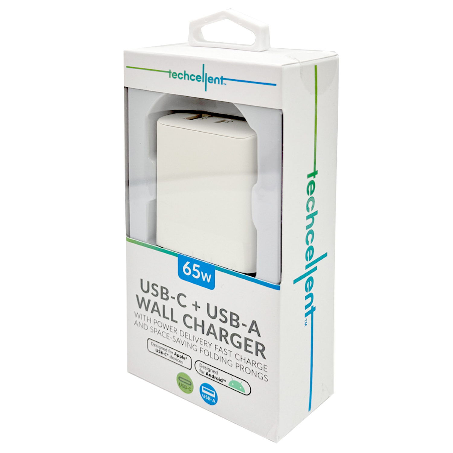 slide 5 of 6, Techcellent 65W 1 Type-C, 1 USB-A Port Power delivery, quick charge wall charger, white, 1 ct