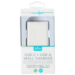 Techcellent 65W 1 Type-C, 1 USB-A Port Power delivery, quick charge wall charger, white