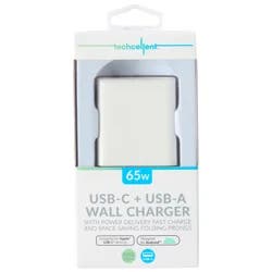 Techcellent 65W 1 Type-C, 1 USB-A Port Power delivery, quick charge wall charger, white