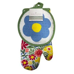Room & Retreat Seasonal Bright Flowers Printed Oven Mitt & Pot Holder, 7 In X 13 In & 8 In X 11 In