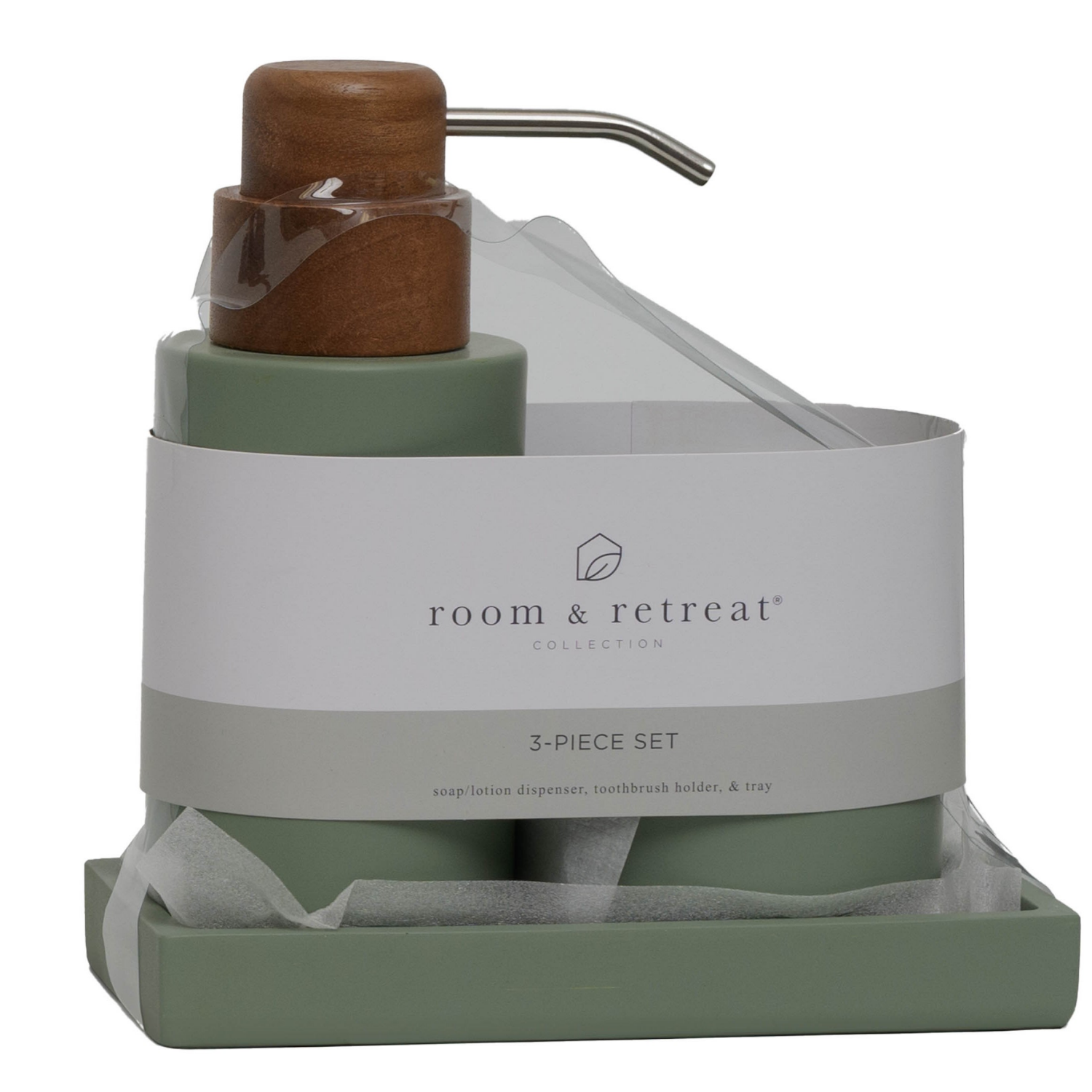 slide 3 of 3, Room & Retreat Kai 3-Piece Bathroom Accessory Set, Green with Birchwood, 1 ct