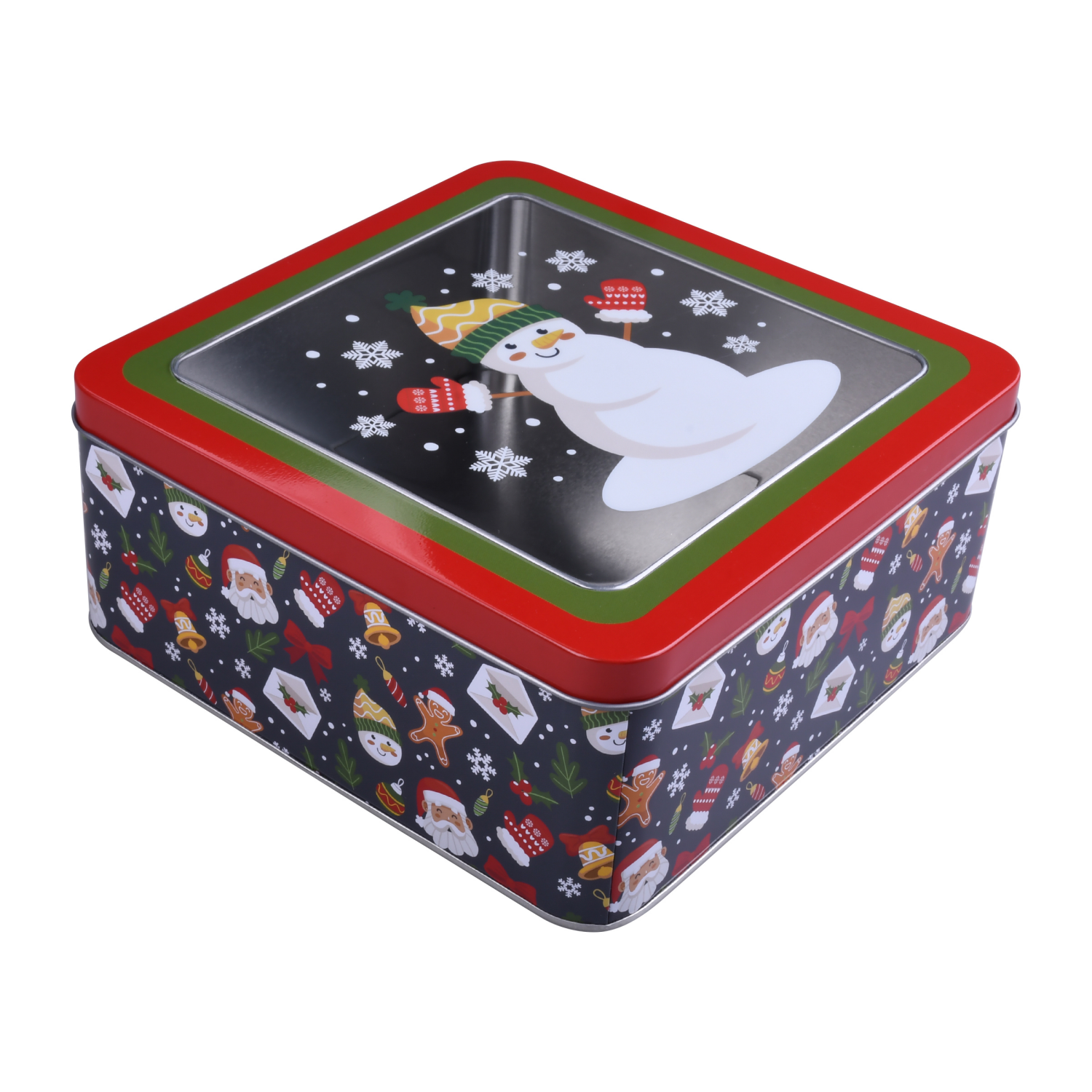 slide 3 of 4, December Home SQUARE FOOD TIN 7.5" SNOWMAN, 7.5 x 3.25 in