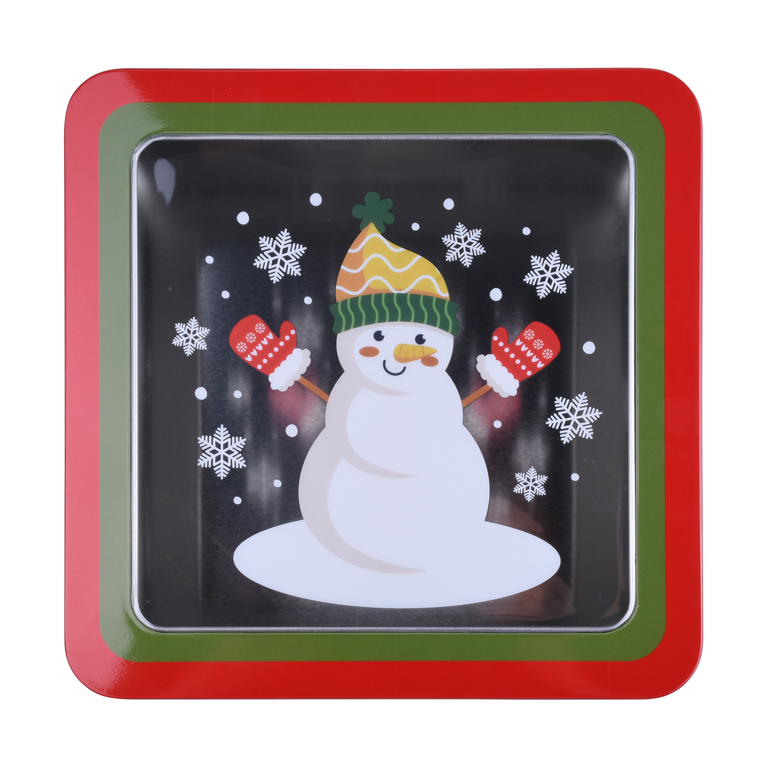 slide 4 of 4, December Home SQUARE FOOD TIN 7.5" SNOWMAN, 7.5 x 3.25 in