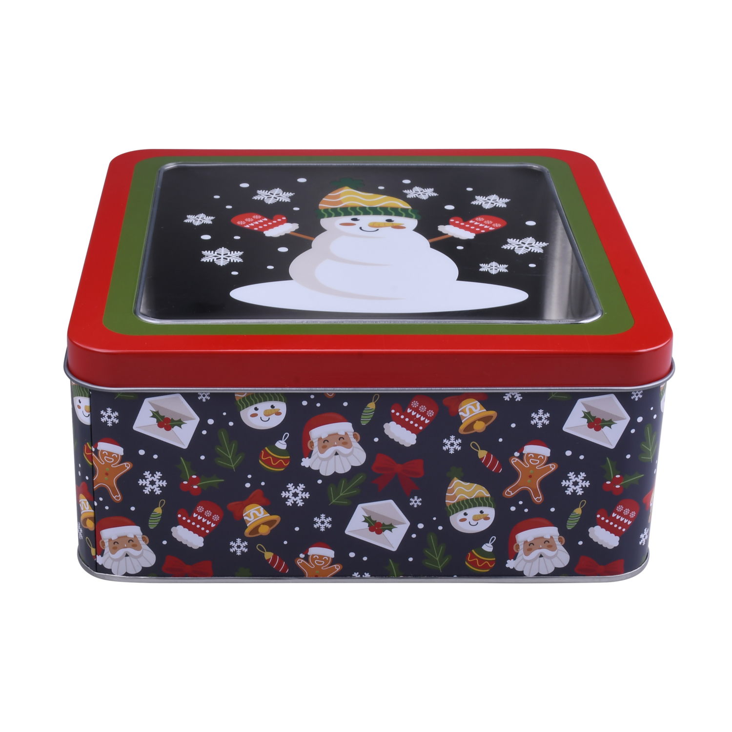 slide 1 of 4, December Home SQUARE FOOD TIN 7.5" SNOWMAN, 7.5 x 3.25 in