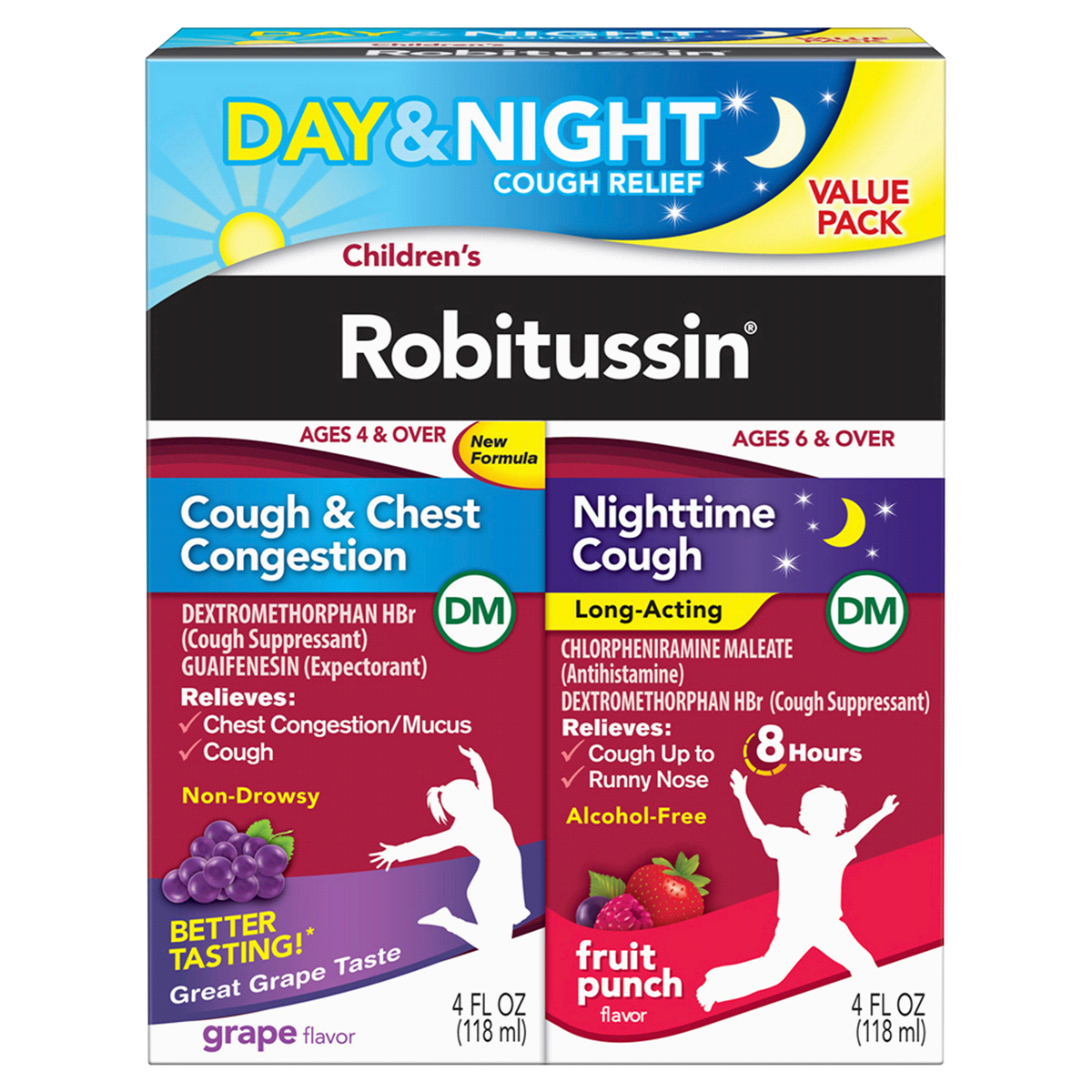 slide 1 of 1, Robitussin Children's Grape & Fruit Punch Day & Night Cough Relief, 2 ct; 4 fl oz