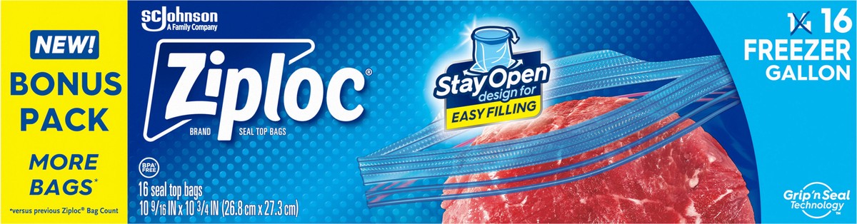 slide 4 of 12, Ziploc Brand Freezer Bags with New Stay Open Design, Gallon, 14, Patented Stand-up Bottom, Easy to Fill Freezer Bag, Unloc a Free Set of Hands in the Kitchen, Microwave Safe, BPA Free, 16 ct