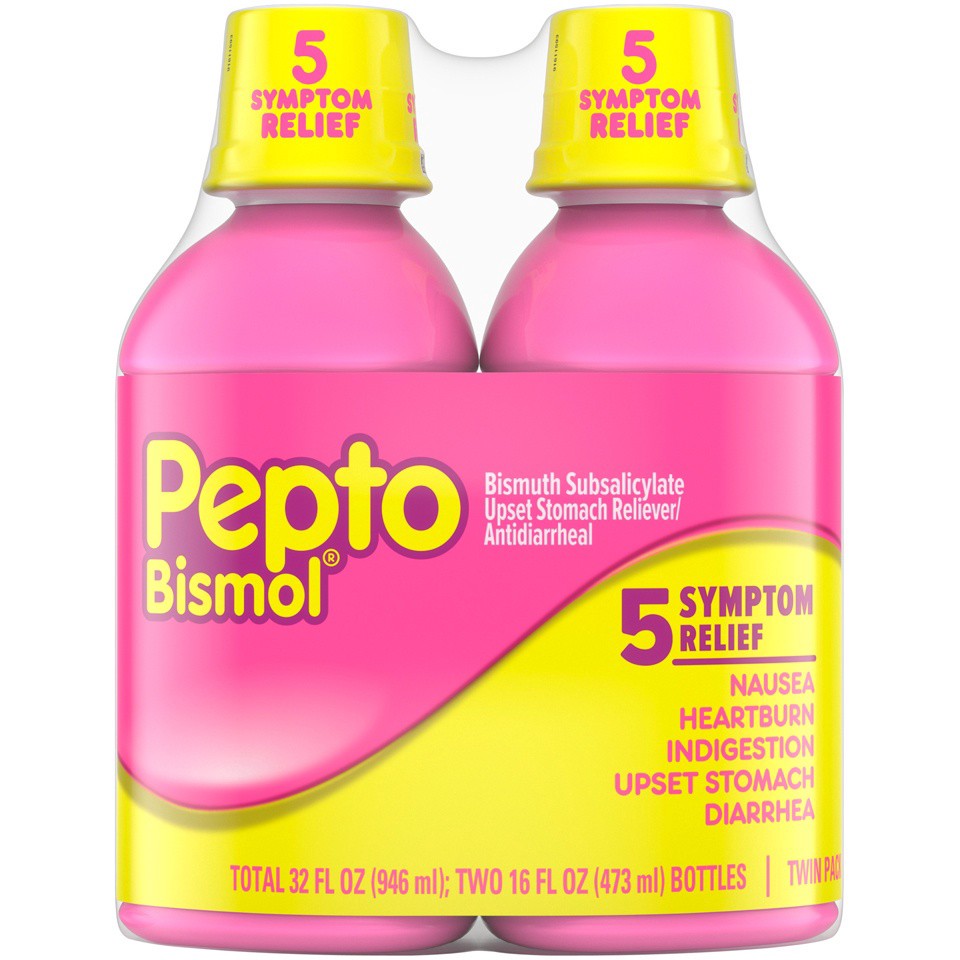 slide 2 of 4, PEPTO BISMOL Upset Stomach Reliever/Antidiarrheal Original Twin Pack, 16 oz