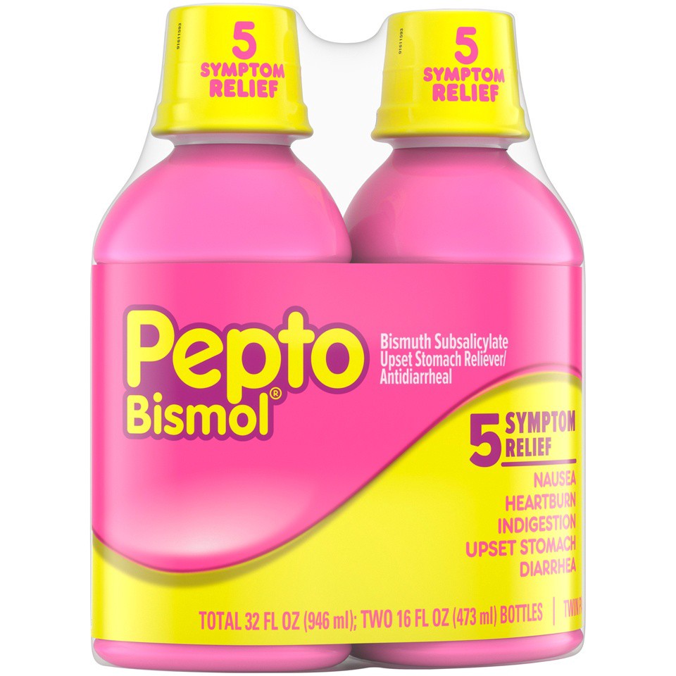 slide 4 of 4, PEPTO BISMOL Upset Stomach Reliever/Antidiarrheal Original Twin Pack, 16 oz