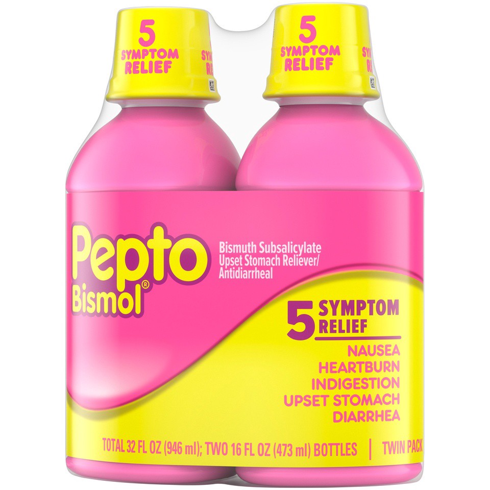 slide 3 of 4, PEPTO BISMOL Upset Stomach Reliever/Antidiarrheal Original Twin Pack, 16 oz