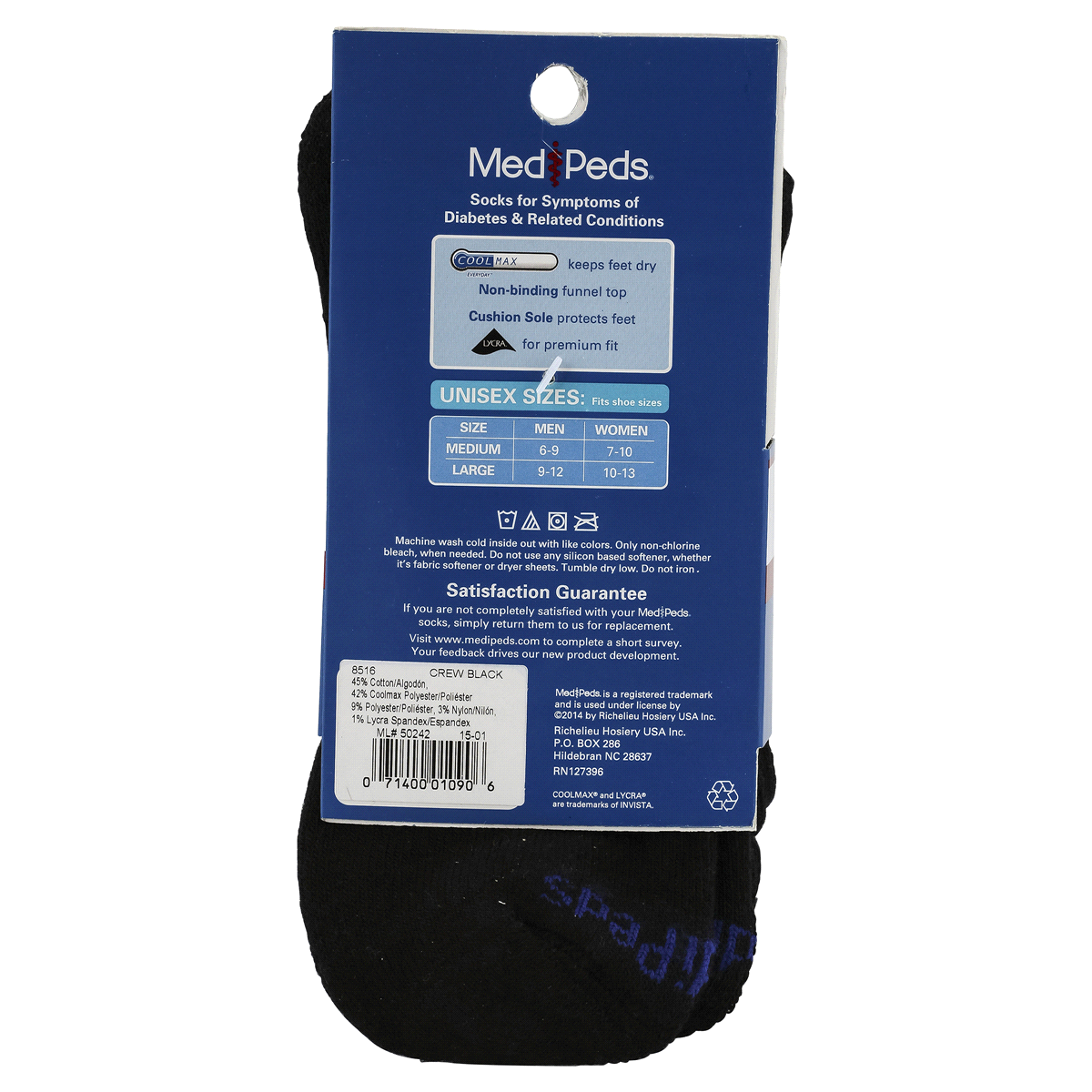 slide 2 of 2, MediPeds Diabetic Crew Socks Large Black, 2 pair