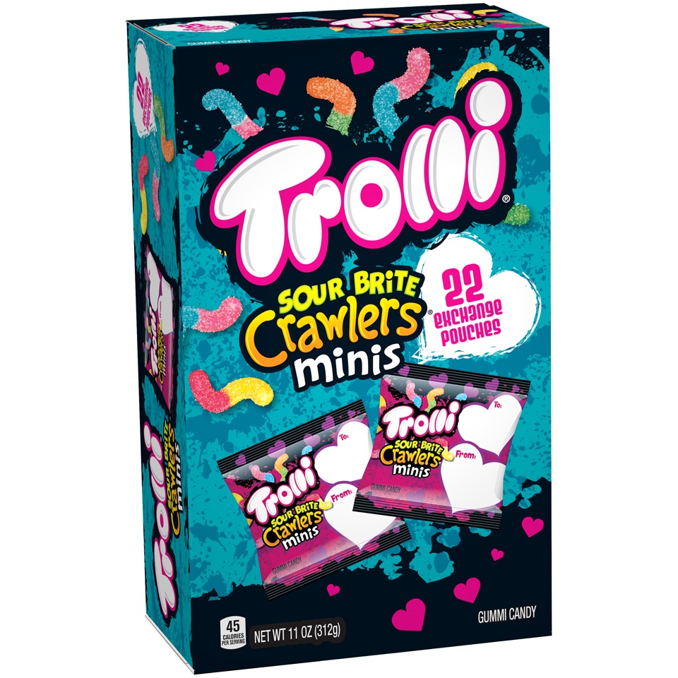 slide 1 of 3, Trolli Valentine's Sour Brite Crawlers Minis Gummi Exchange Pouches, 22 ct; 11 oz