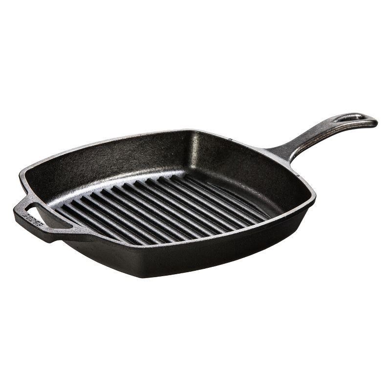 slide 2 of 4, Lodge 10.5" Cast Iron Square Grill Pan: Preseasoned, Even-Heating, Induction & Oven Safe, Nonstick, Stovetop Compatible, 1 ct