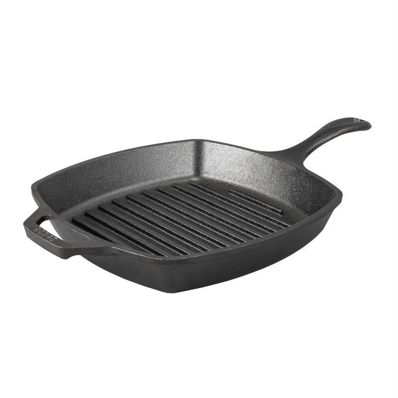 slide 1 of 4, Lodge 10.5" Cast Iron Square Grill Pan: Preseasoned, Even-Heating, Induction & Oven Safe, Nonstick, Stovetop Compatible, 1 ct