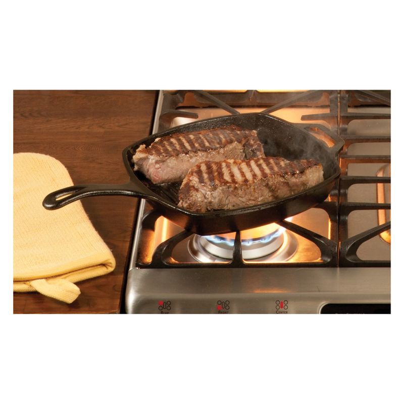 slide 4 of 4, Lodge 10.5" Cast Iron Square Grill Pan: Preseasoned, Even-Heating, Induction & Oven Safe, Nonstick, Stovetop Compatible, 1 ct