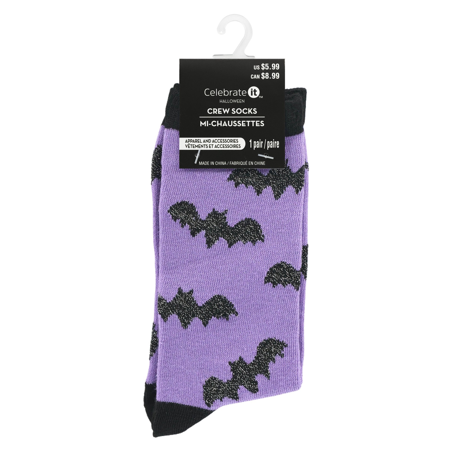 slide 3 of 4, Purple & Black Bat Crew Socks By Celebrate It, 1 ct