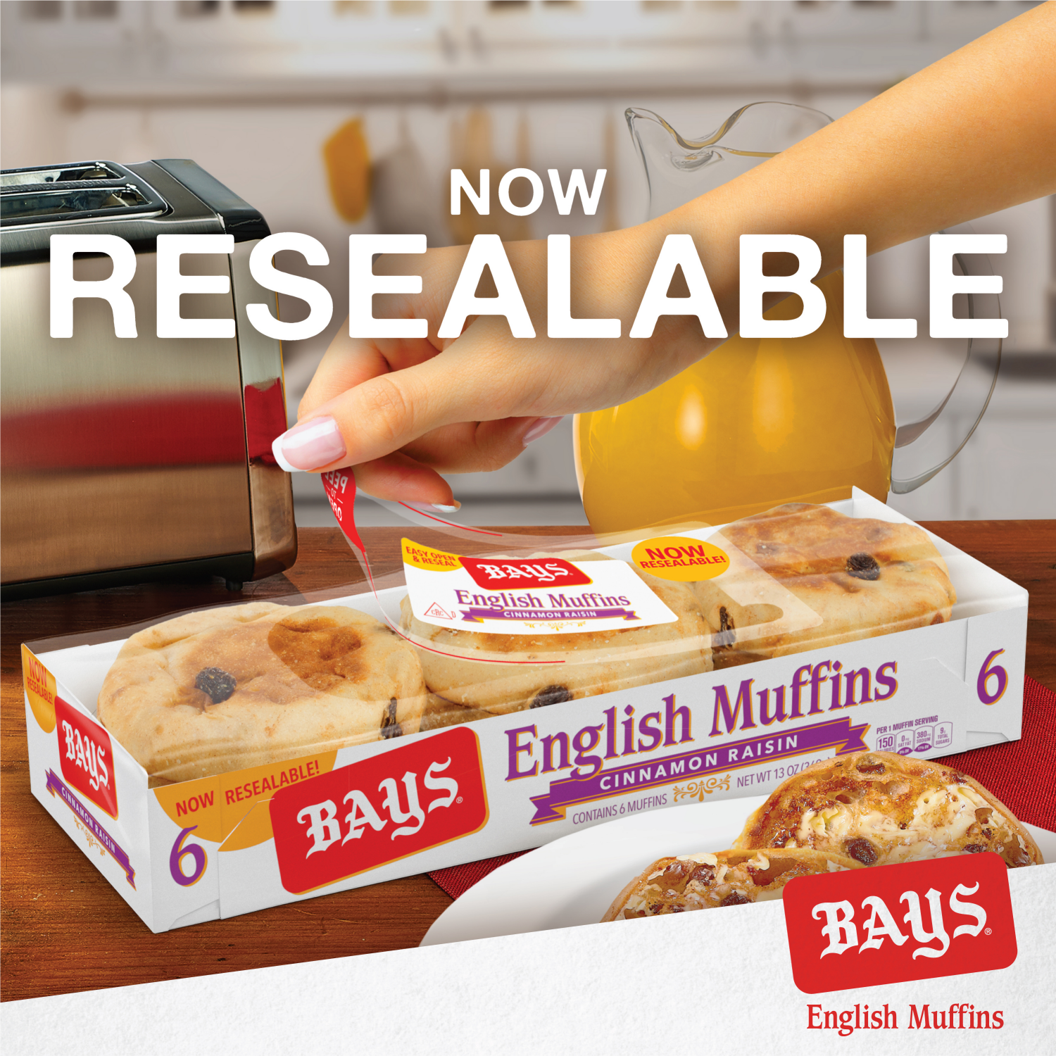 slide 2 of 4, Bays Cinnamon Raisin English Muffins, 6 count, 13 oz, 6 ct