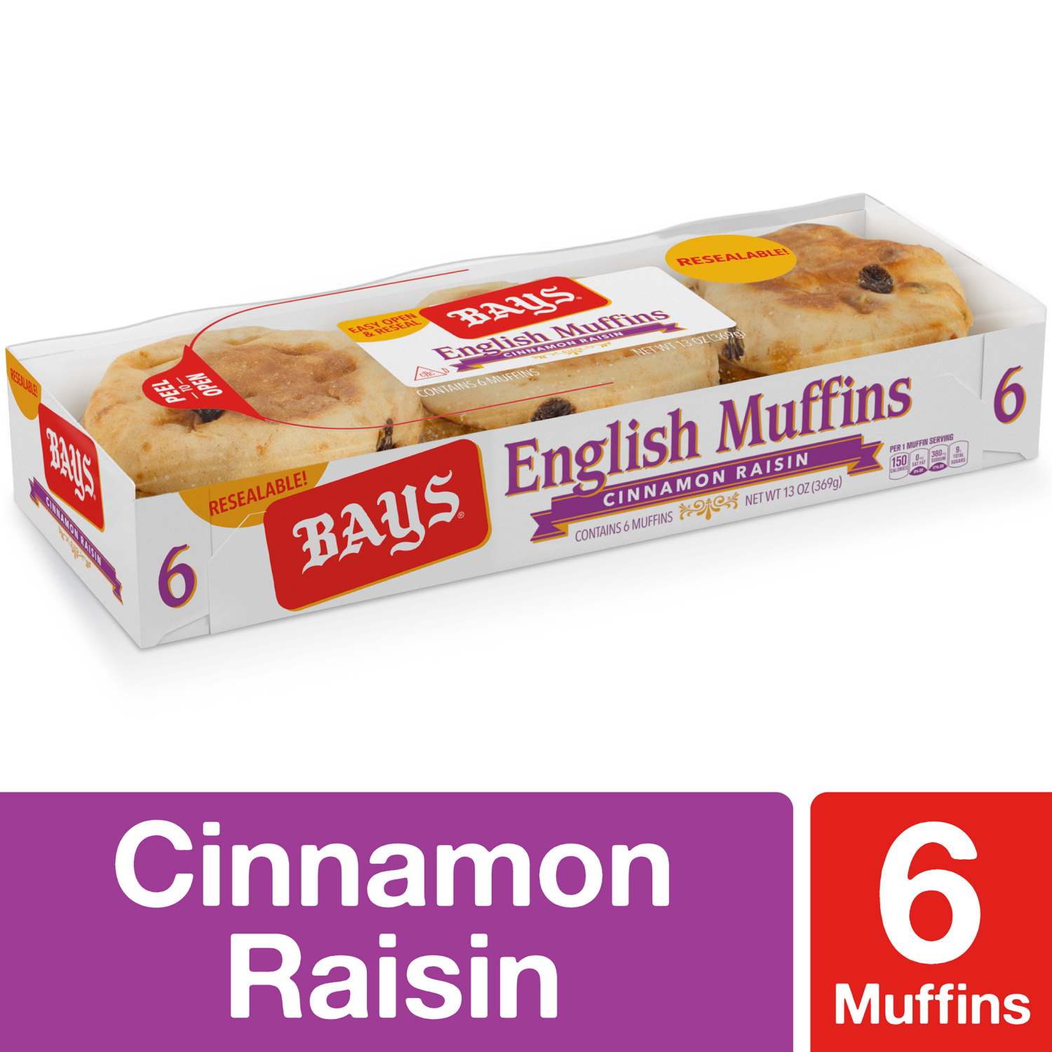 slide 1 of 4, Bays Cinnamon Raisin English Muffins, 6 count, 13 oz, 6 ct