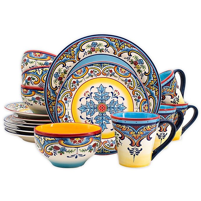 slide 1 of 7, Euro Ceramica Zanzibar Dinnerware Set - Blue/Yellow, 16 ct