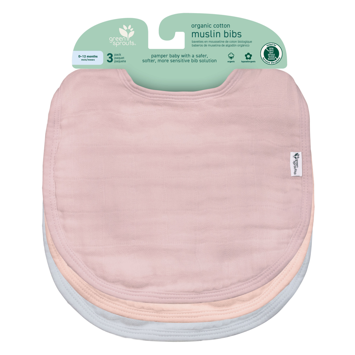 slide 1 of 5, GREEN SPROUTS Organic Cotton Muslin Bibs -Rose Set-0-12 mo, 3 ct