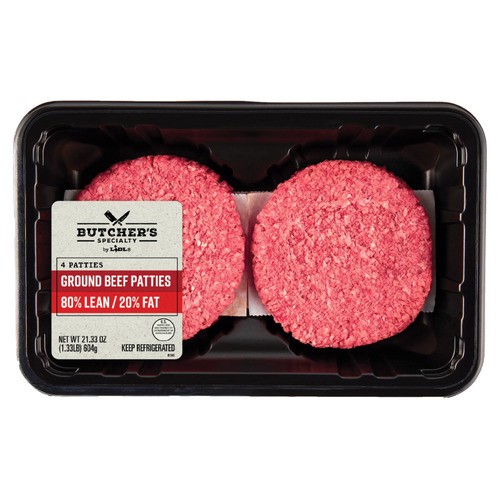 slide 1 of 1, Butcher's Specialty ground beef patty, 80% lean, 21.28 oz