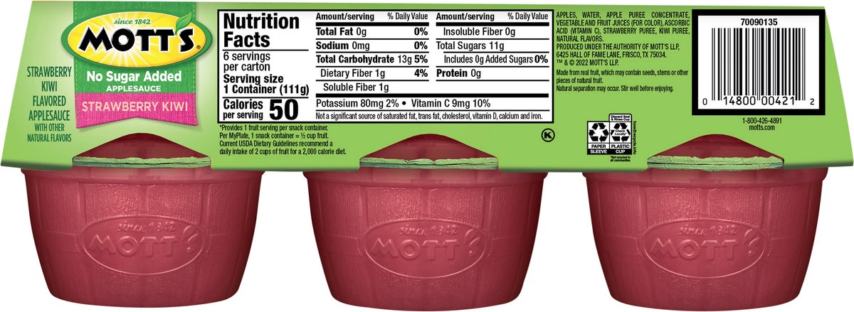 slide 7 of 7, Mott's No Sugar Added Strawberry Kiwi Applesauce, 3.9 oz cups, 6 count, 6 ct